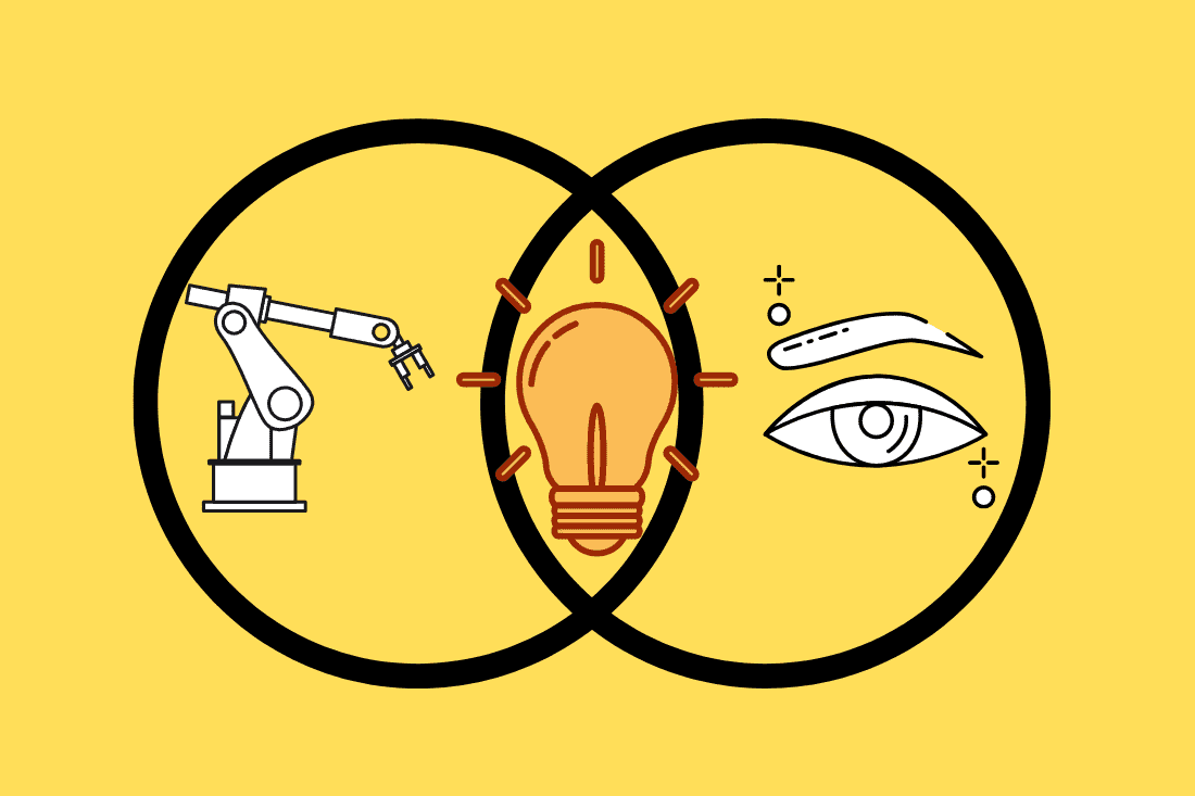 Venn diagram of robot and human eye joined by a lightbulb