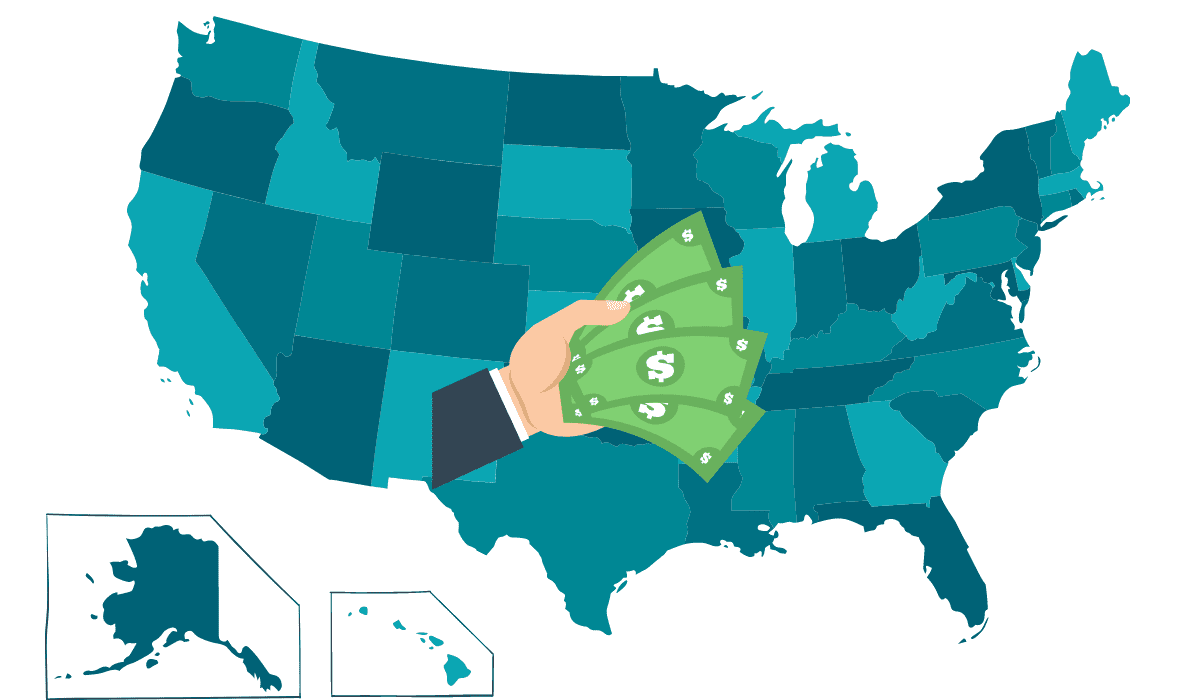 Map of US with graphic of hand passing out dollar bills