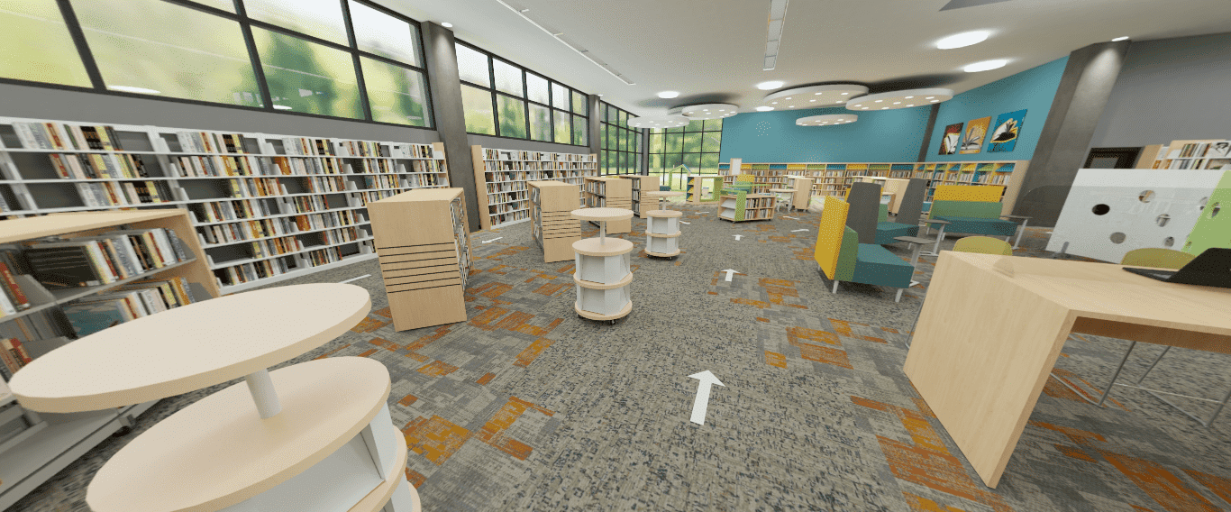 Social distancing public library sample design by Demco Interiors.