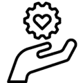 Graphic of an open hand holding a gear with a heart cut-out