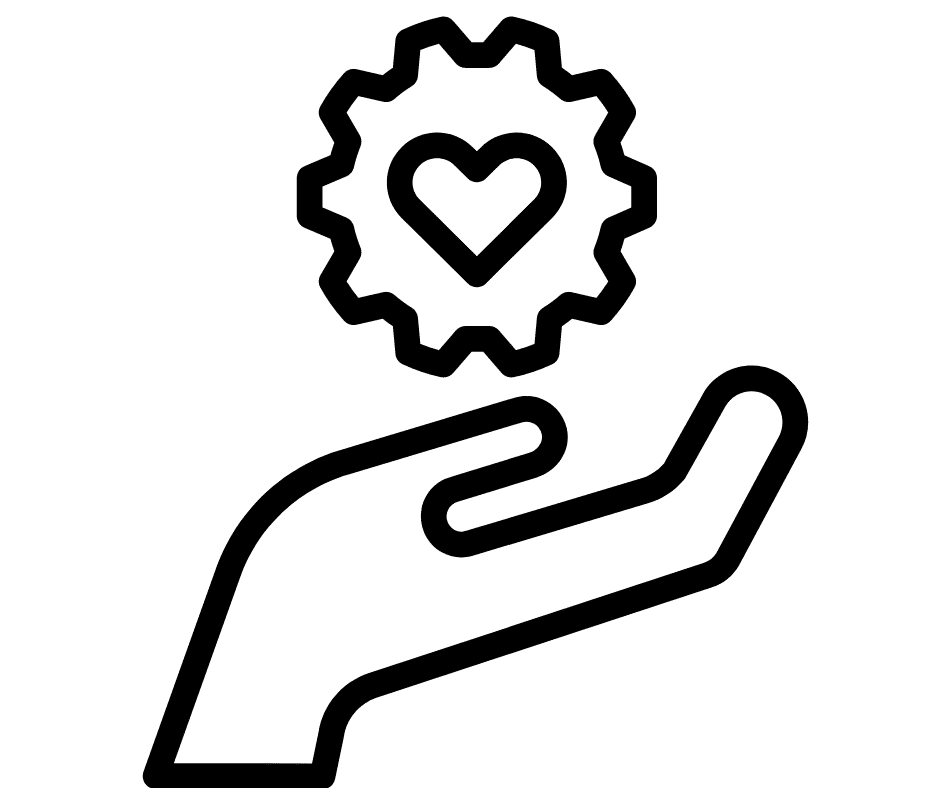 Graphic of an open hand holding a gear with a heart cut-out