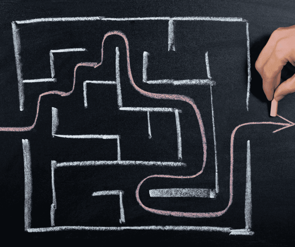 Maze on a chalkboard representing Jaclyn Pope navigating her return to school for web development