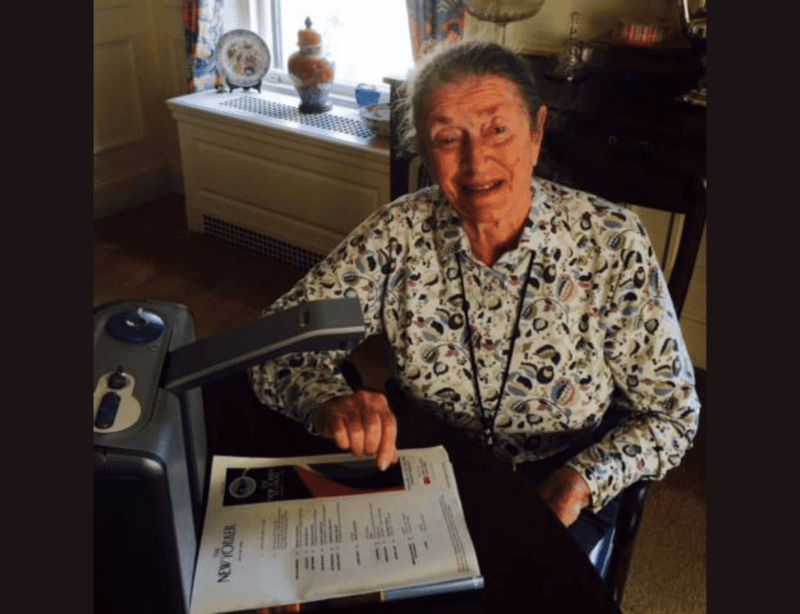 Ruth Helman, 94 of Brookline, MA reading the "New Yorker" with her new ClearReader+ text to speech device.