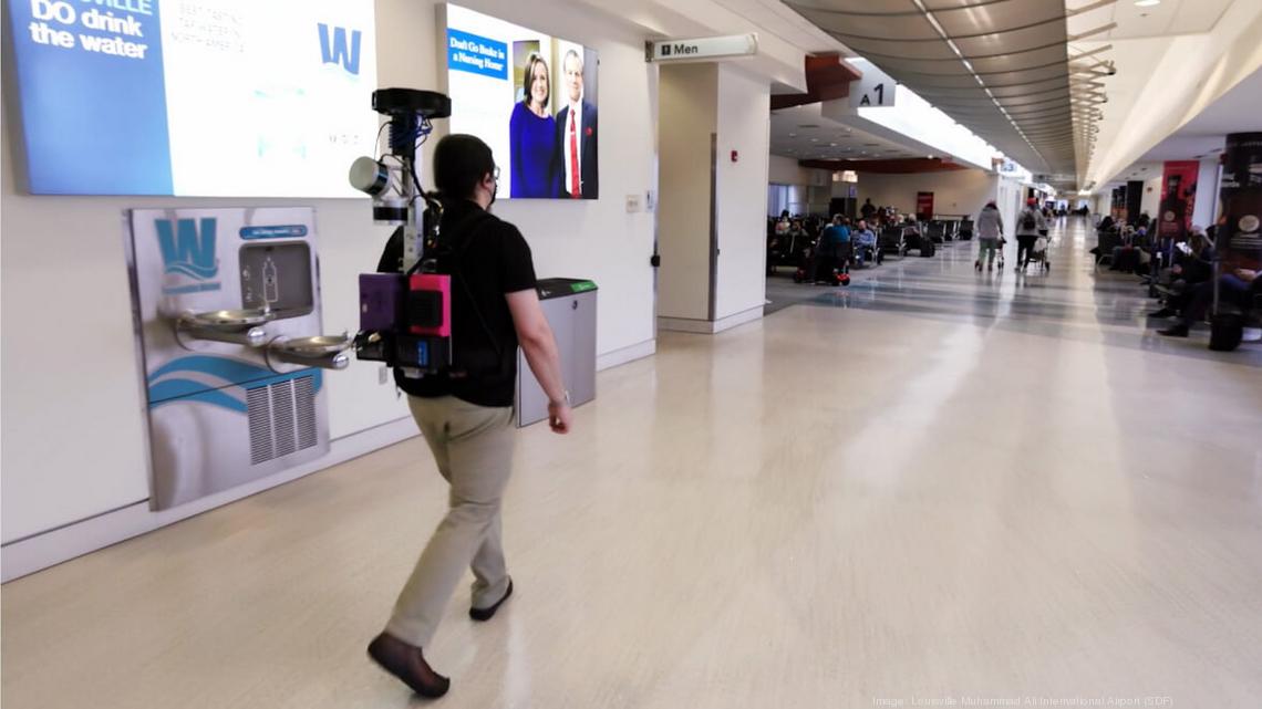 Person using GoodMaps' LiDAR mapping technology to develop a digital map of the Louisville International Airport