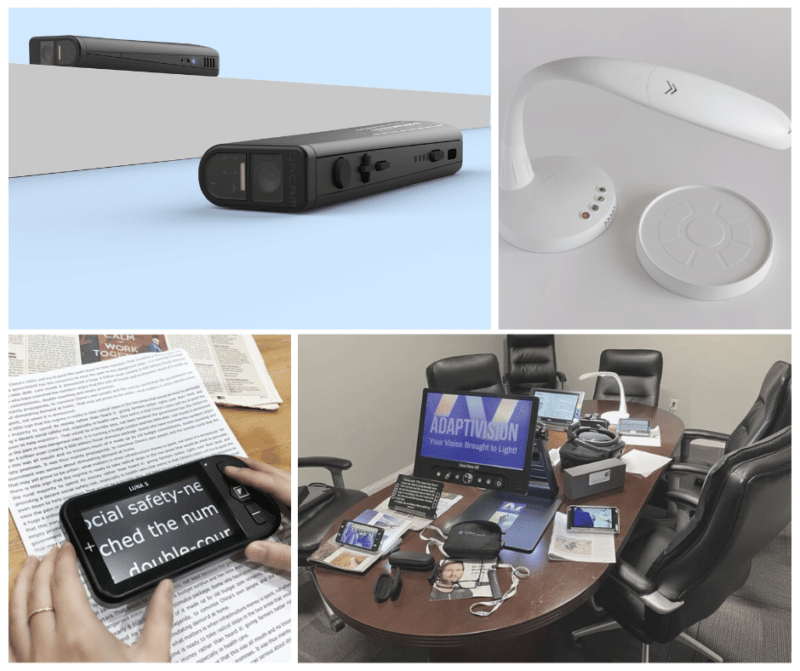 OrCam MyEye. Stella GO Wireless LED Lamp. Conference room. Luna S Electronic Video Magnifier.