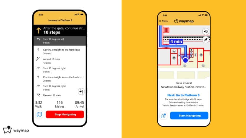 Sample screenshots of Waymap app including turn-by-turn navigation and a railway station map