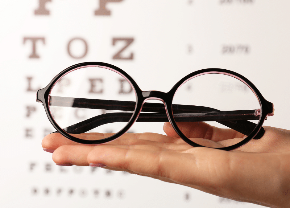 Hand holding a pair of glasses with eye chart in background.