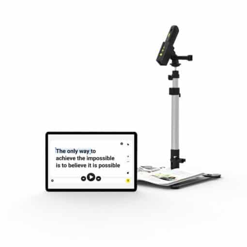 OrCam Read 3 with reading stand and tablet showing magnification feature