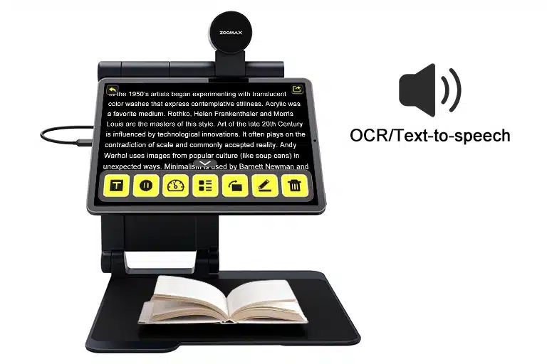 Zoomax Snow Pad with reading material and text "OCR/Text-to-speech"