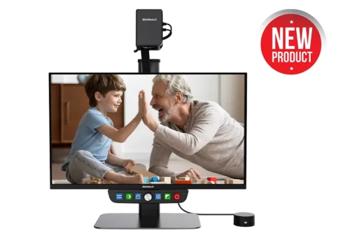 Luna Eye Desktop Magnifier by Zoomax showing a photograph of a young child and an older person giving a high-five with the text "New Product"