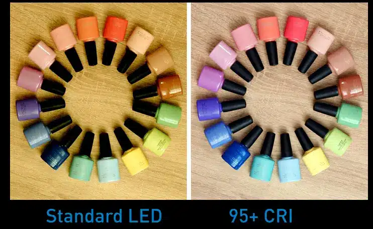 Photo comparing color accuracy of an array of nail polish colors under Standard LED light vs 95+ CRI