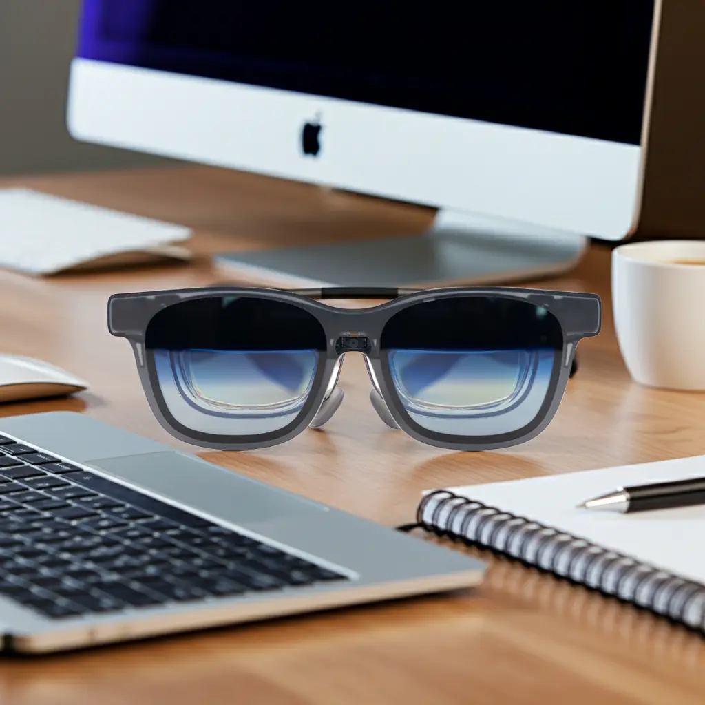 EYE7 smart glasses shown at a workstation with a computer and notebook