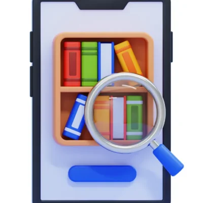 Mobile device with image of bookshelves and magnifying glass