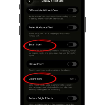 iPhone screenshot with Smart Invert and Color Filters features circled