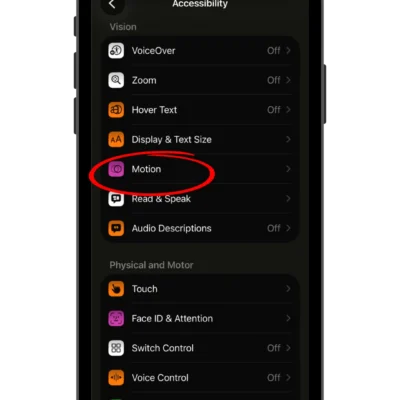 iPhone screenshot with Motion setting circled