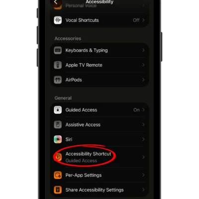 iPhone screenshot with Accessibility Shortcut feature circled