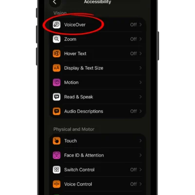 iPhone screenshot with VoiceOver feature circled